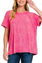 Washed Ribbed Cuffed Short Sleeve Round Neck Top