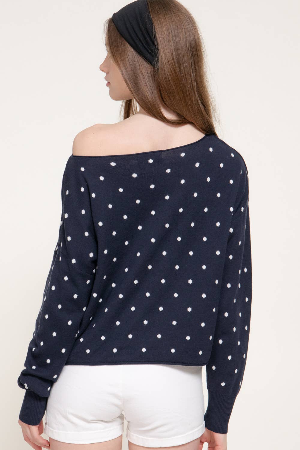 Long Sleeve Asymmetrical Off The Shoulder Dot Sweater Top