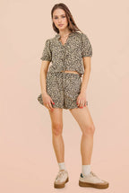 NT12066SET-Leopard Printed Woven Top & Shorts Set