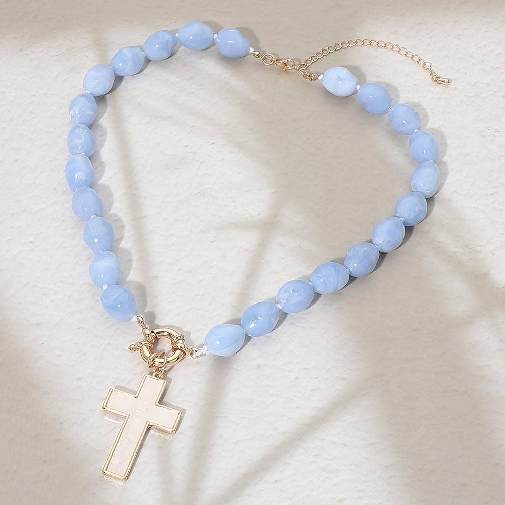 Mother of Pearl Cross Toggle Pendant Beaded Necklace