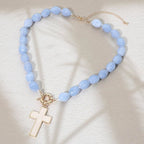 Mother of Pearl Cross Toggle Pendant Beaded Necklace