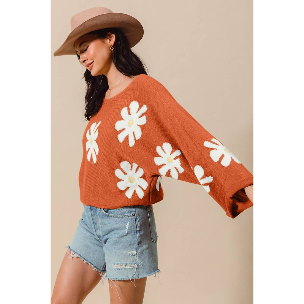 DAISY FLORAL PATTERN KNITTED SWEATER TOP