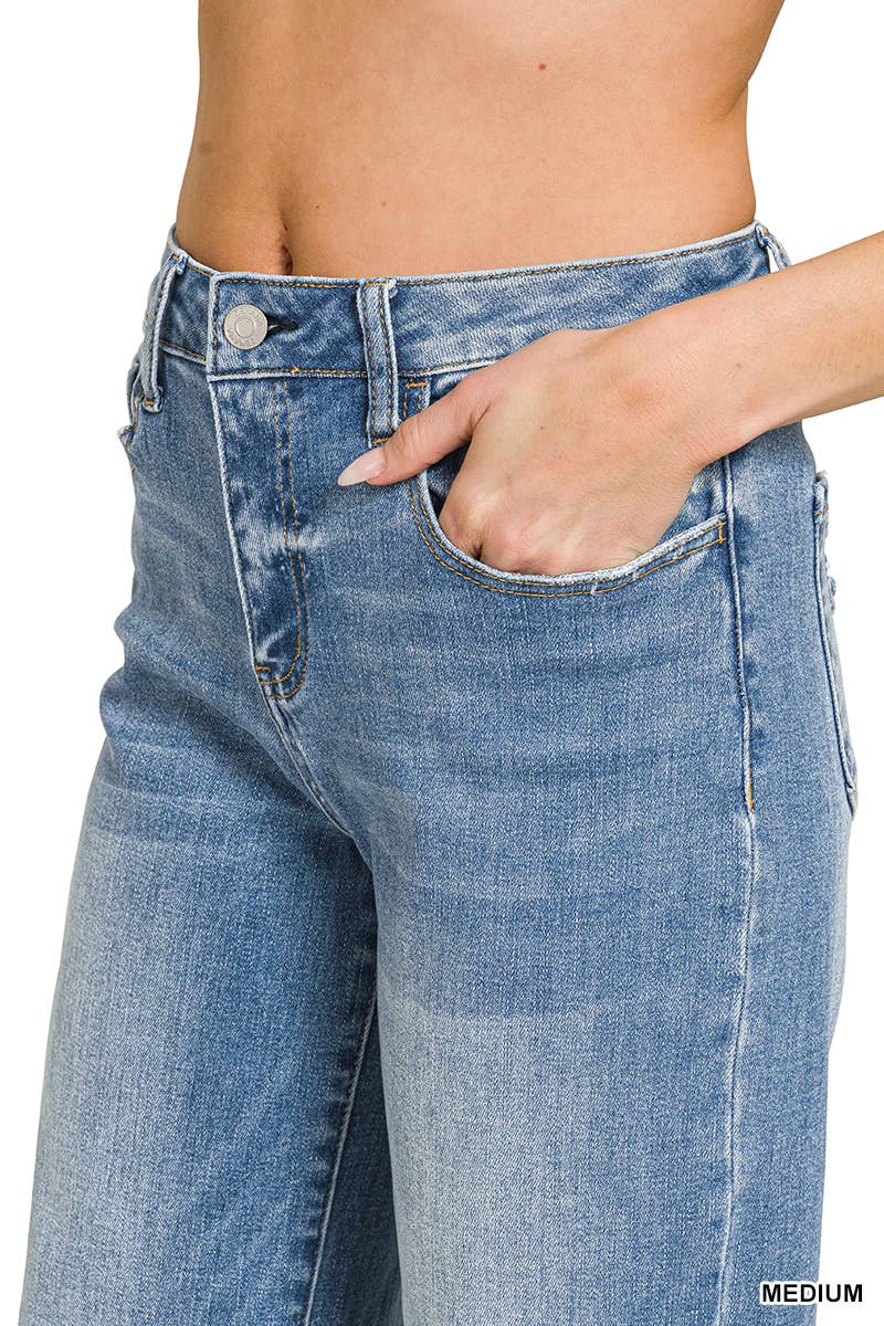 High Rise Cuffed Wide Leg Denim Pants  Zenana