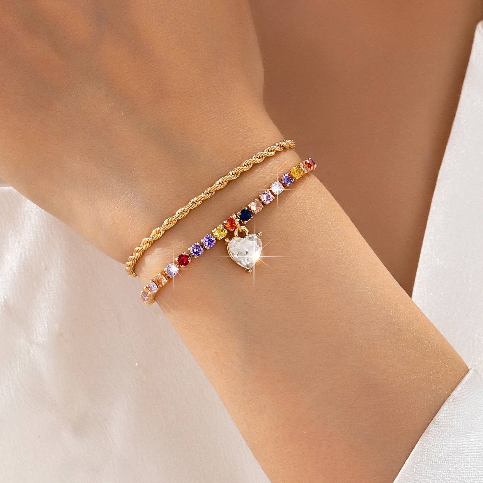 Multi-Color Crystal Heart Charm Tennis Bracelet | 80B1829