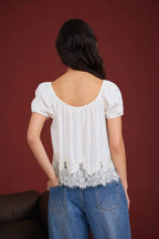PINSTRIPE FRONT TIE LACE HEM SHORT PUFF SLEEVE TOP