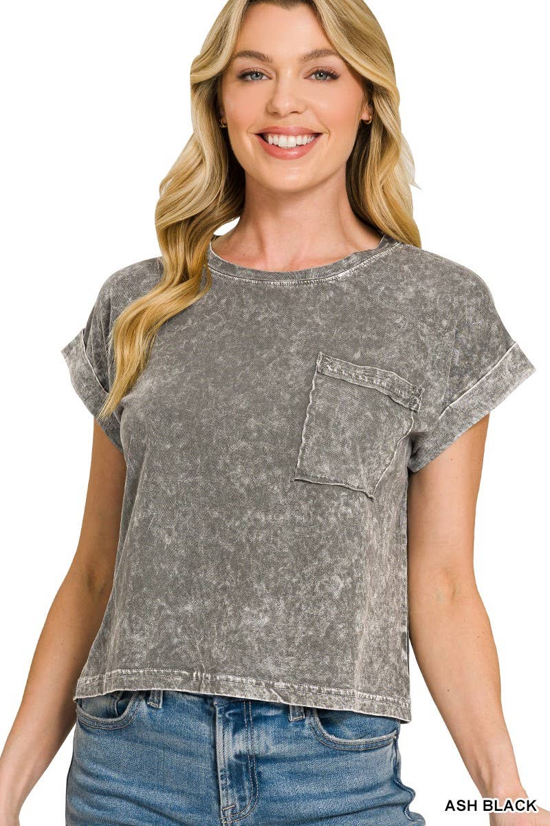 Halo Snow Washed Cotton Cuffed Short Sleeve Top