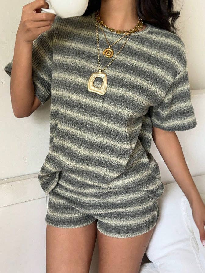 Striped Knit Lounge Set Boutique Shorts Fitted Ribbed