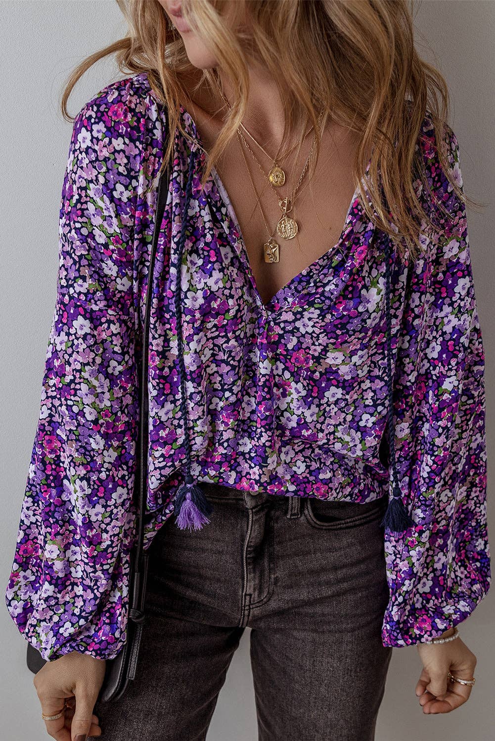 Boho Flower V-Neck Bubble Sleeve Top