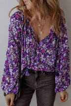 Boho Flower V-Neck Bubble Sleeve Top