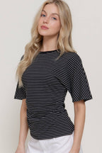 Short Dolman Sleeve Defined Silhouette Stripe Knit Top