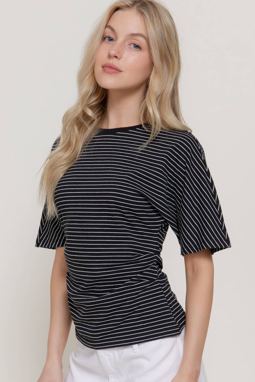 Short Dolman Sleeve Defined Silhouette Stripe Knit Top