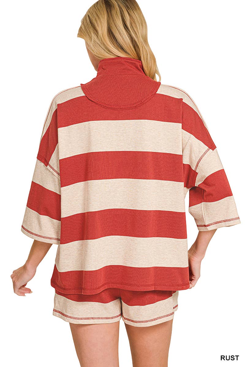 French Terry Striped Half Zip High Neck Top & Shorts Set Zenana