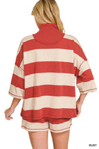 French Terry Striped Half Zip High Neck Top & Shorts Set Zenana