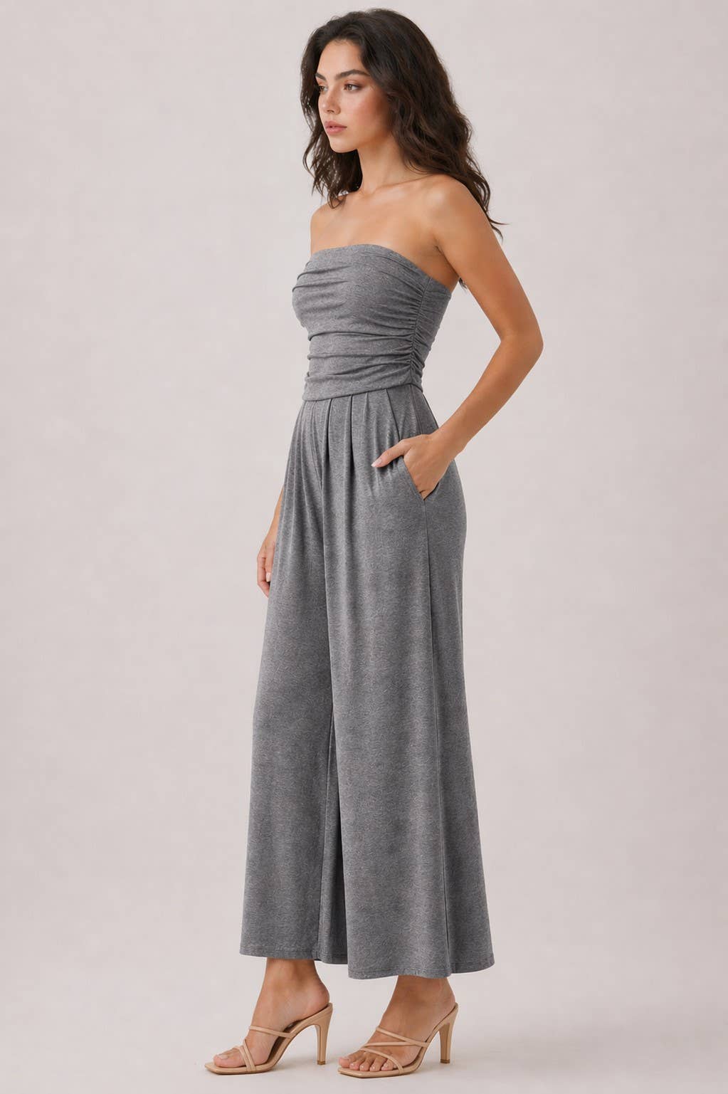 JR16435F - TUBE TOP W/SHIRRING PALAZZO ROMPER