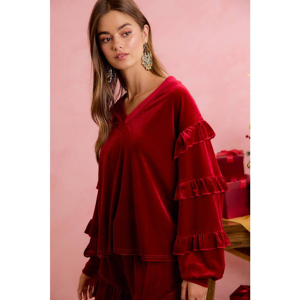 HOLIDAY VELVET RUFFLED SLEEVES V NECK TOP