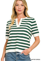 Split Neck Stripe Short Sleeve Sweater