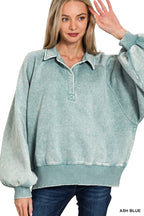 Acid Wash Fleece Button Up Collared Pullover