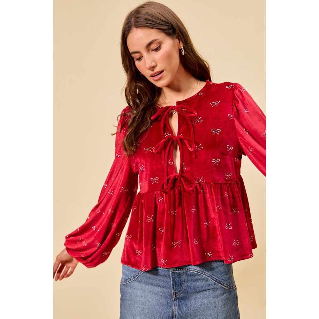 HOLIDAY CHRISTMAS RIBBON EMBELLISHED VELVET TOP
