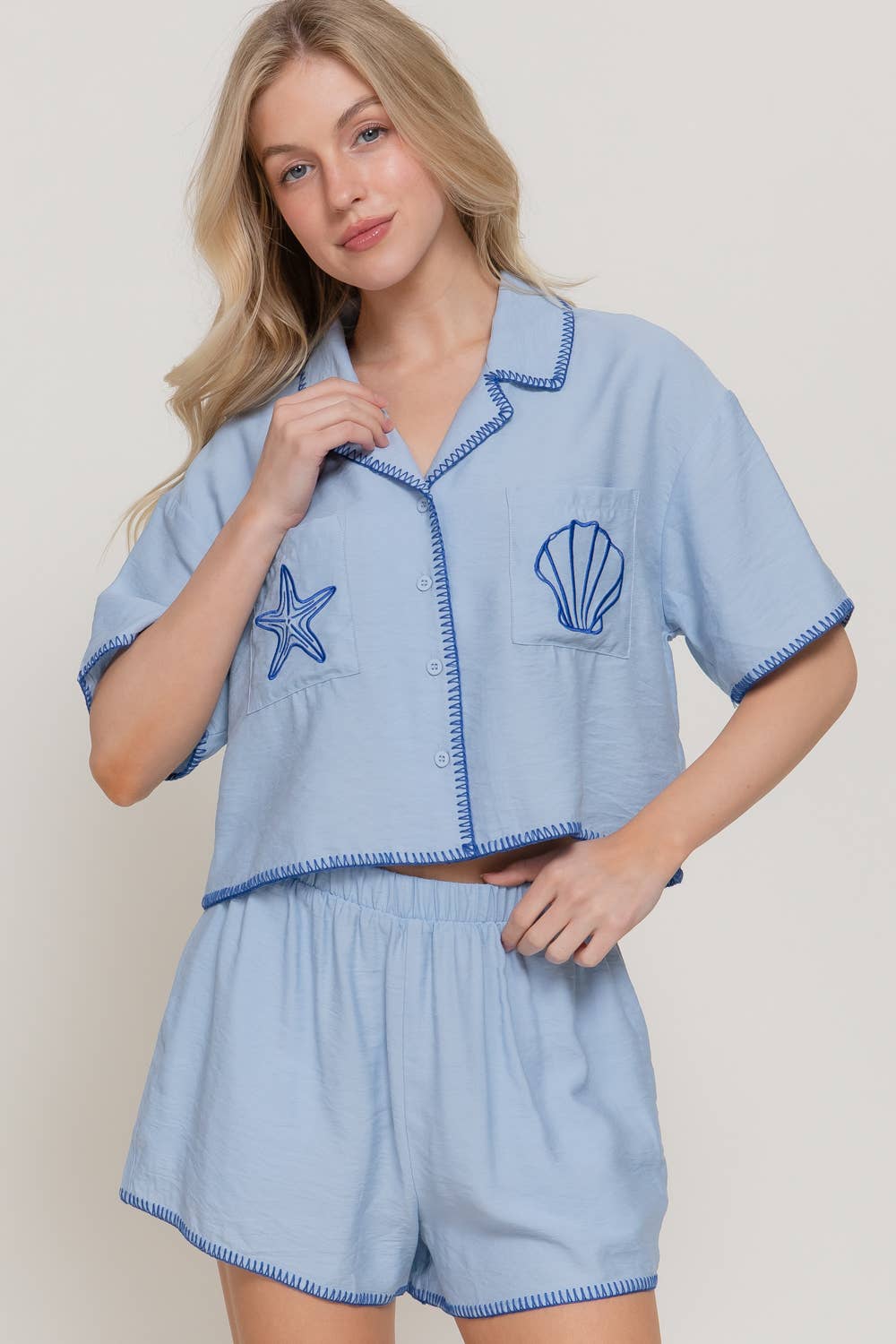 Short Sleeve Edge Stitch & Embroidered Boxy Shirt