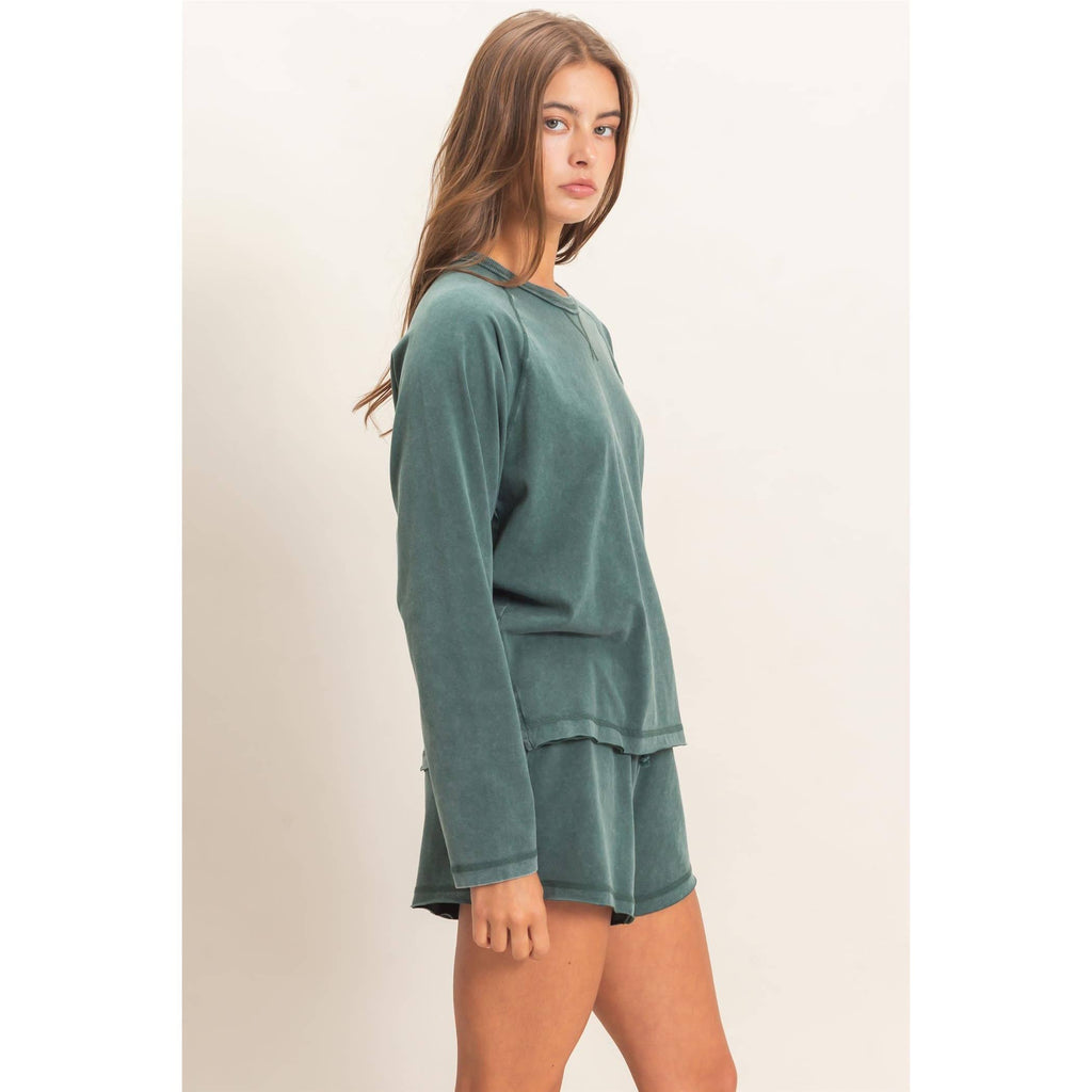 Mineral Wash Long Sleeve Raw Edge Top & Shorts Set