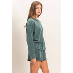 Mineral Wash Long Sleeve Raw Edge Top & Shorts Set