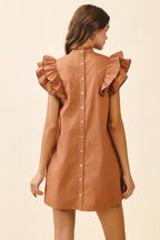 CD06395-Back Button Down High Neck Babydoll Mini Dress