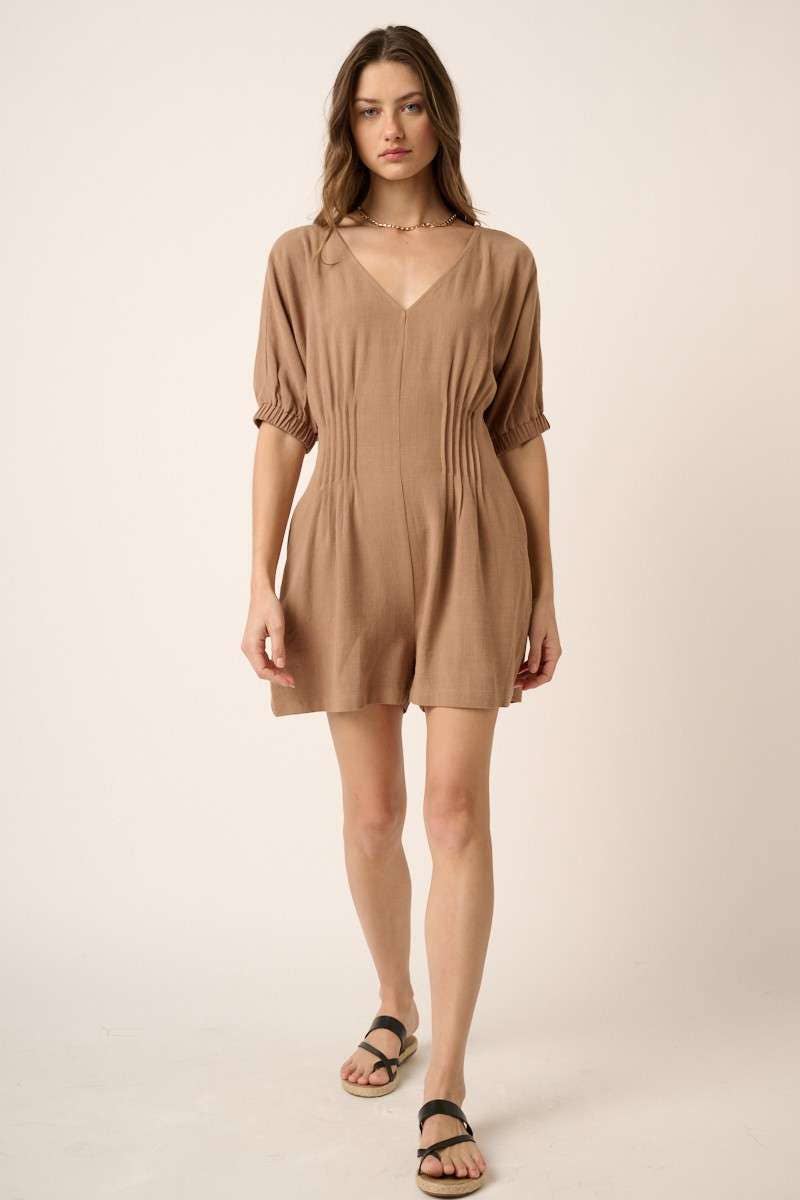 PINTUCK DETAIL V NECK SHORT SLEEVE ROMPER