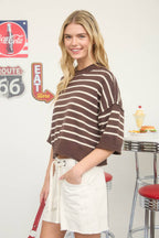 STRIPE RAW EDGE DROP SHOULDER SHORT SLEEVE SWEATER