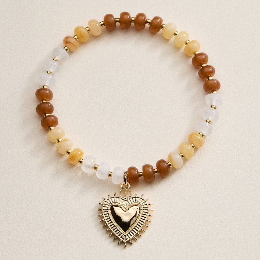 Beaded Heart Charm Stretch Bracelet Set | 3-Piece Layered Stack with Gold Accents
