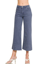 Mid Rise Wide Leg Cropped Color Denim Pants