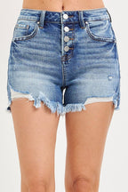 High Rise Button Down Step Side Hem Shorts
