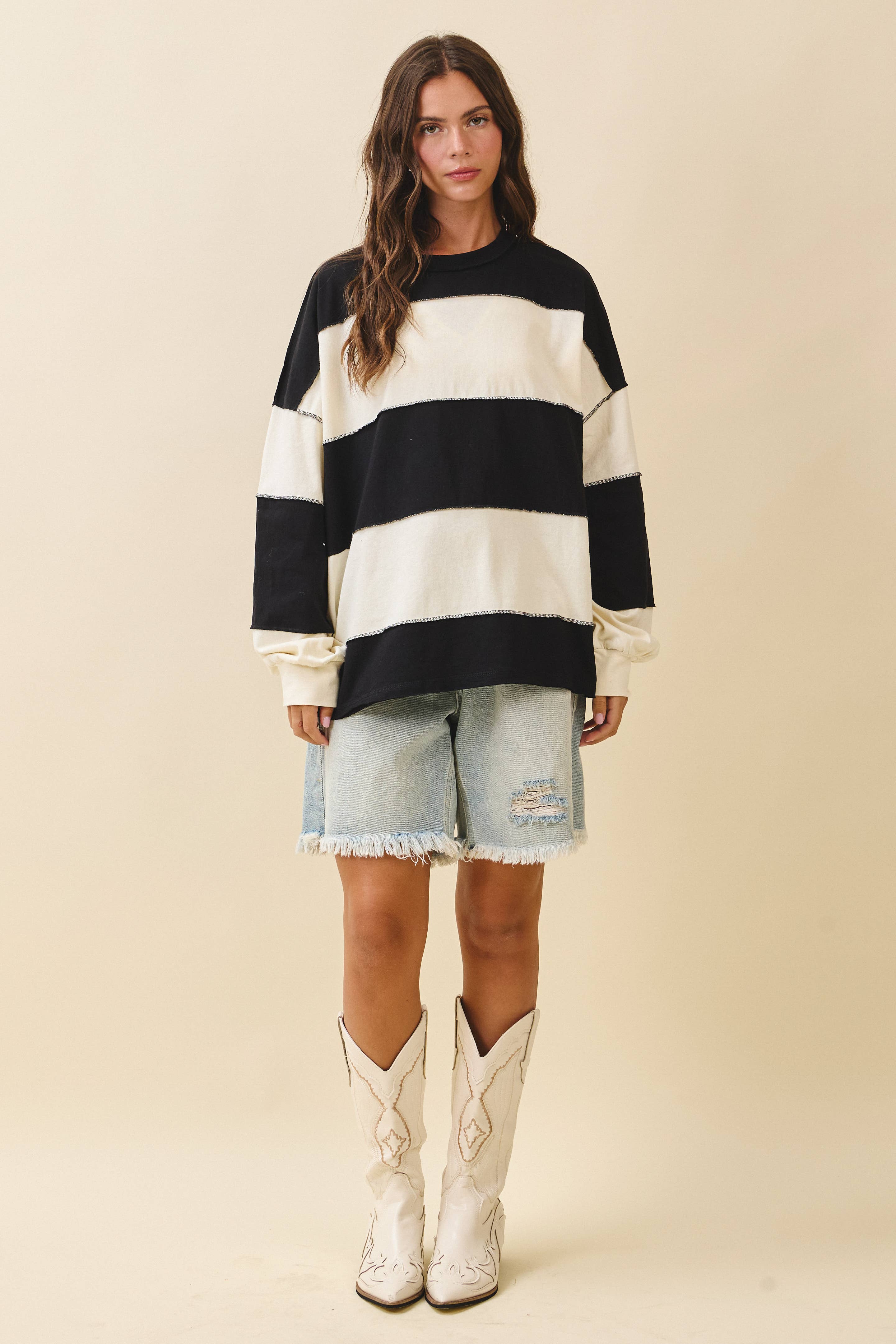 8551GN Contrast Panel Long Sleeve Slouchy Top