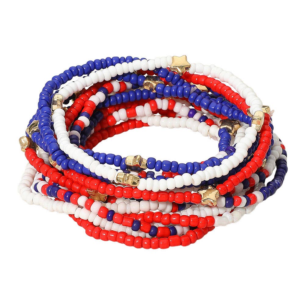 14PCS - American USA Star Beaded Stretch Multi Bracelets