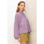 Smocked Button-Front Sheer Blouse