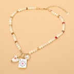 Mahjong Tile Charm Pearl Floral Bead Ball Charm Pendant Beaded Necklace