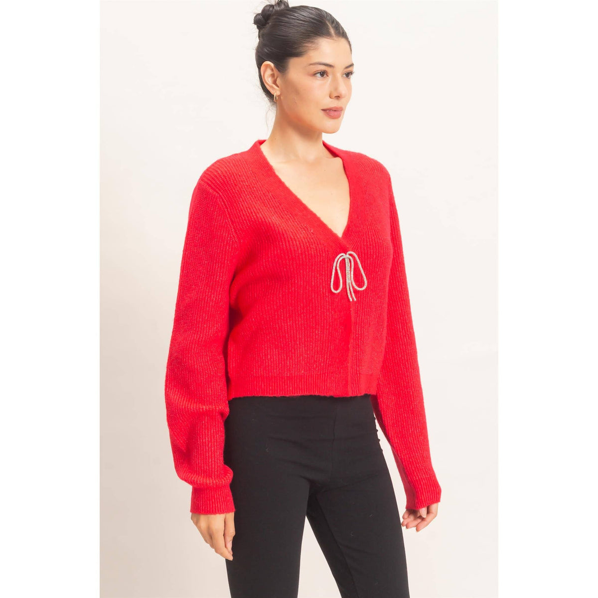 Rhinestone Bow Tie-Front Sweater
