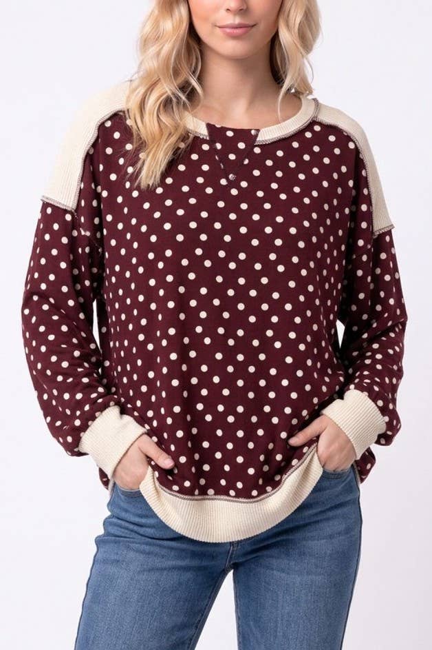 Polka Dot Contrast Ribbed Sweatshirt