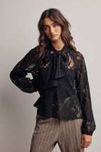 Sheer Lace Tie Neck Blouse FT0059
