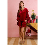 HOLIDAY VELVET RUFFLED SLEEVES V NECK TOP