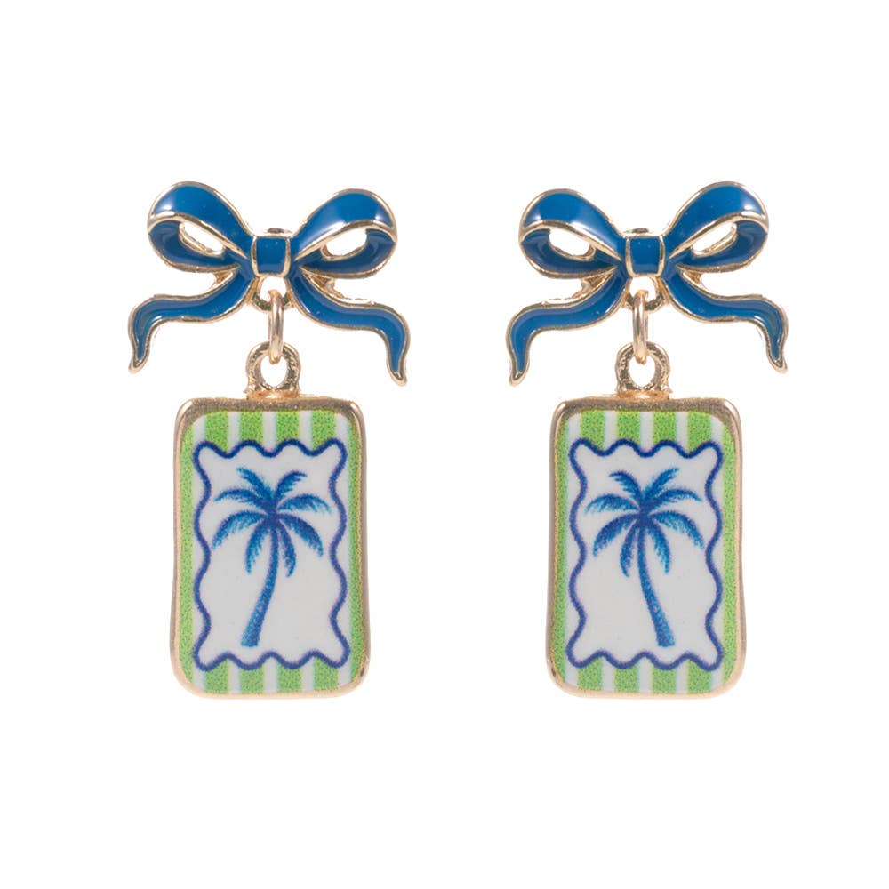 Bow Shell Print Square Frame Drop Earrings