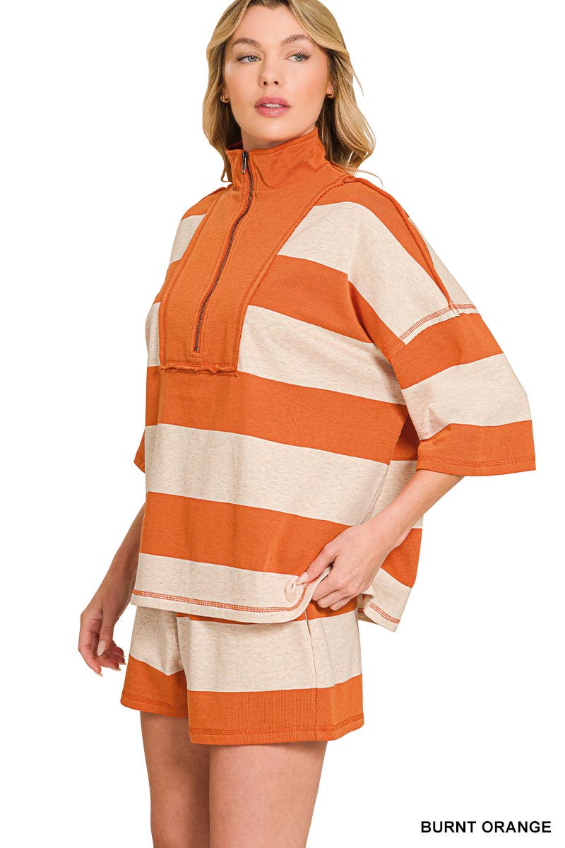 French Terry Striped Half Zip High Neck Top & Shorts Set Zenana