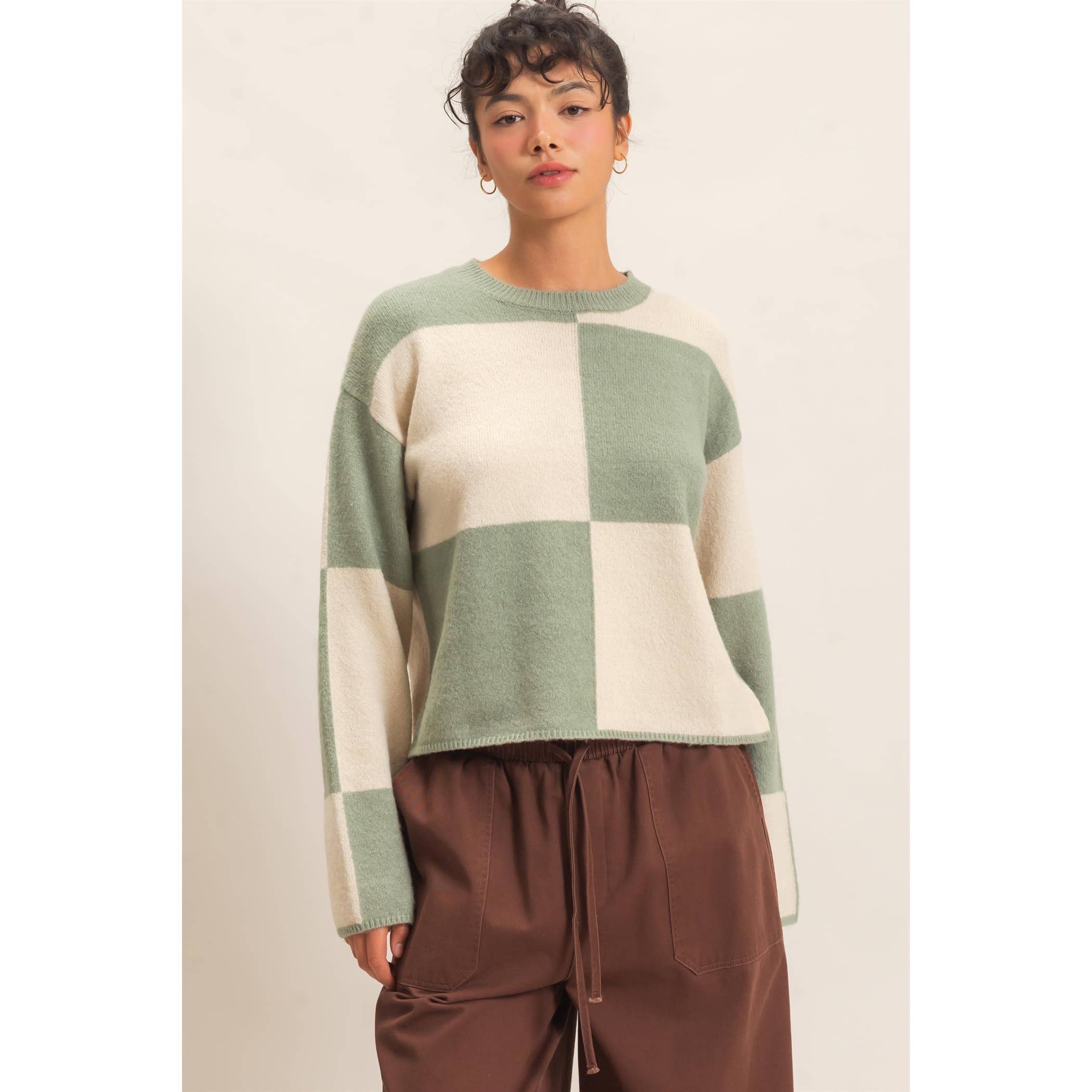 Crew Neck Checkered Sweater