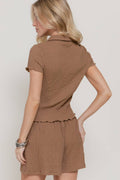 Short Sleeve Button Down Top & Shorts Crinkle Knit Set