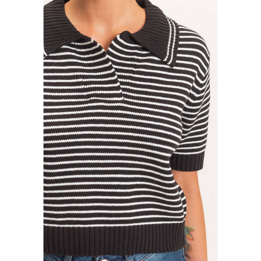 Striped Short Sleeve Collar Knit Top