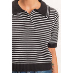 Striped Short Sleeve Collar Knit Top