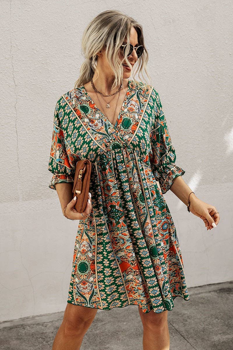 Boho Print Wrap Neck Tie Back Pleated Hem Dress