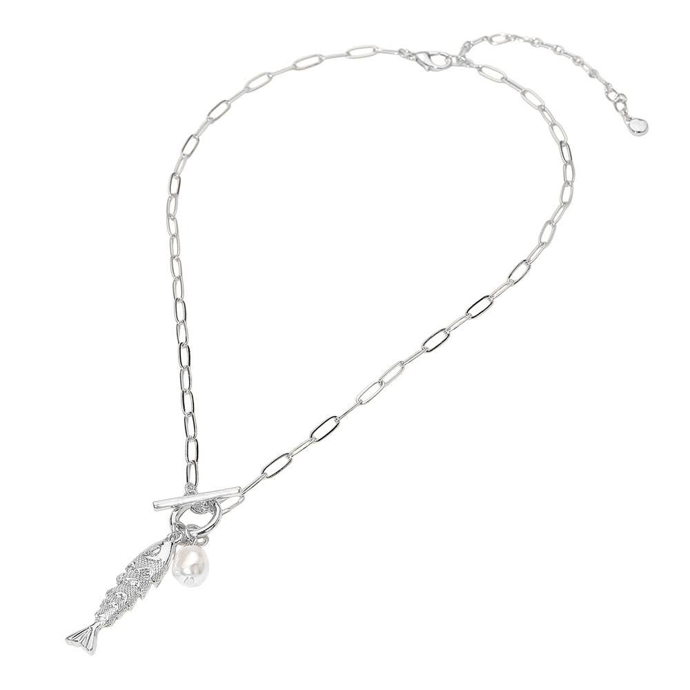 Fish Pearl Toggle Charm Pendant Necklace