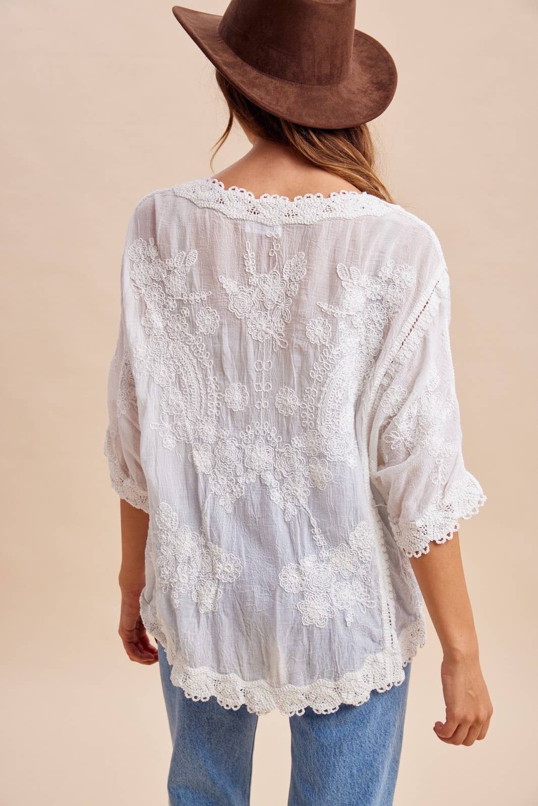 Floral Embroidered Crochet Oversized Blouse