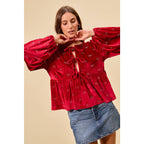 HOLIDAY CHRISTMAS RIBBON EMBELLISHED VELVET TOP