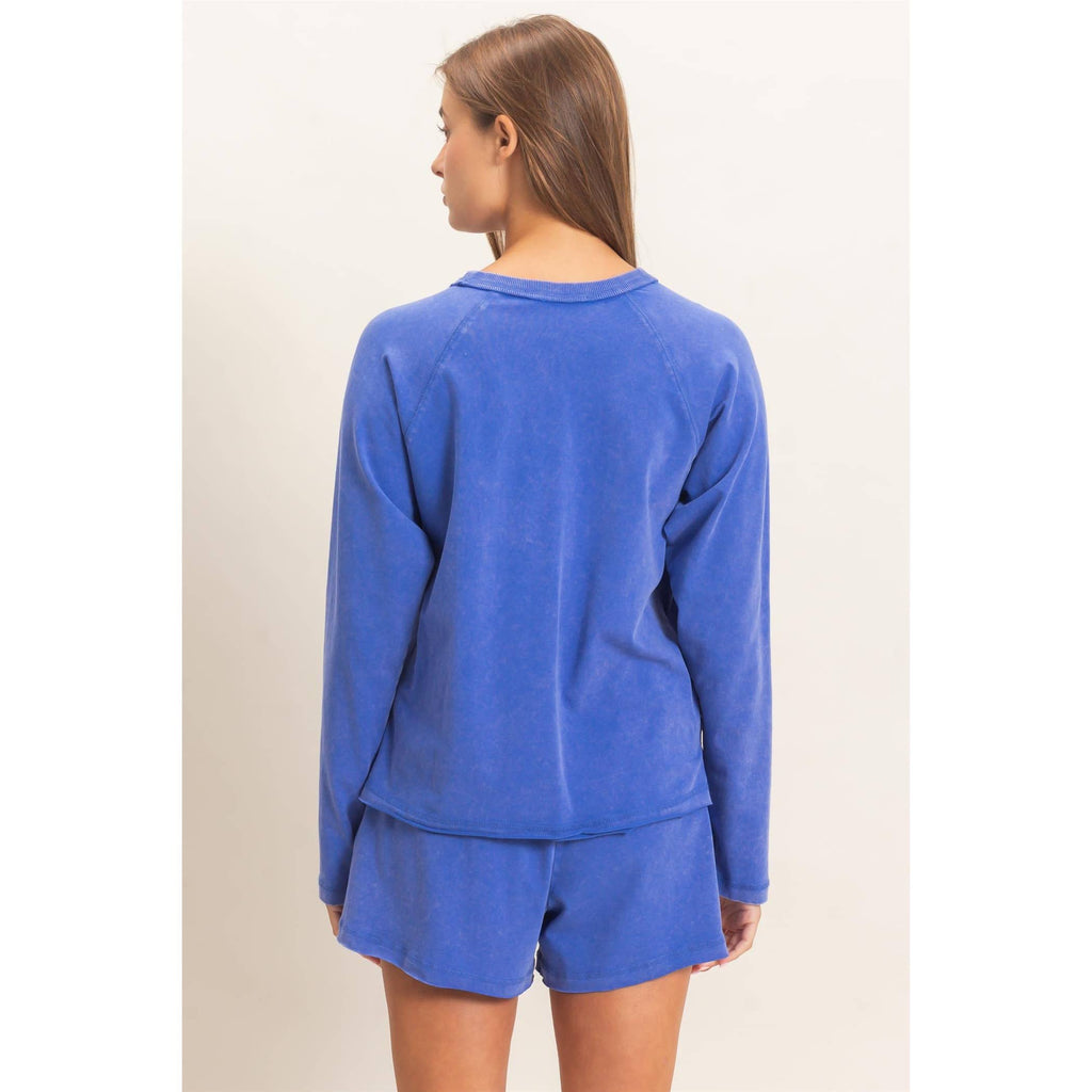 Mineral Wash Long Sleeve Raw Edge Top & Shorts Set